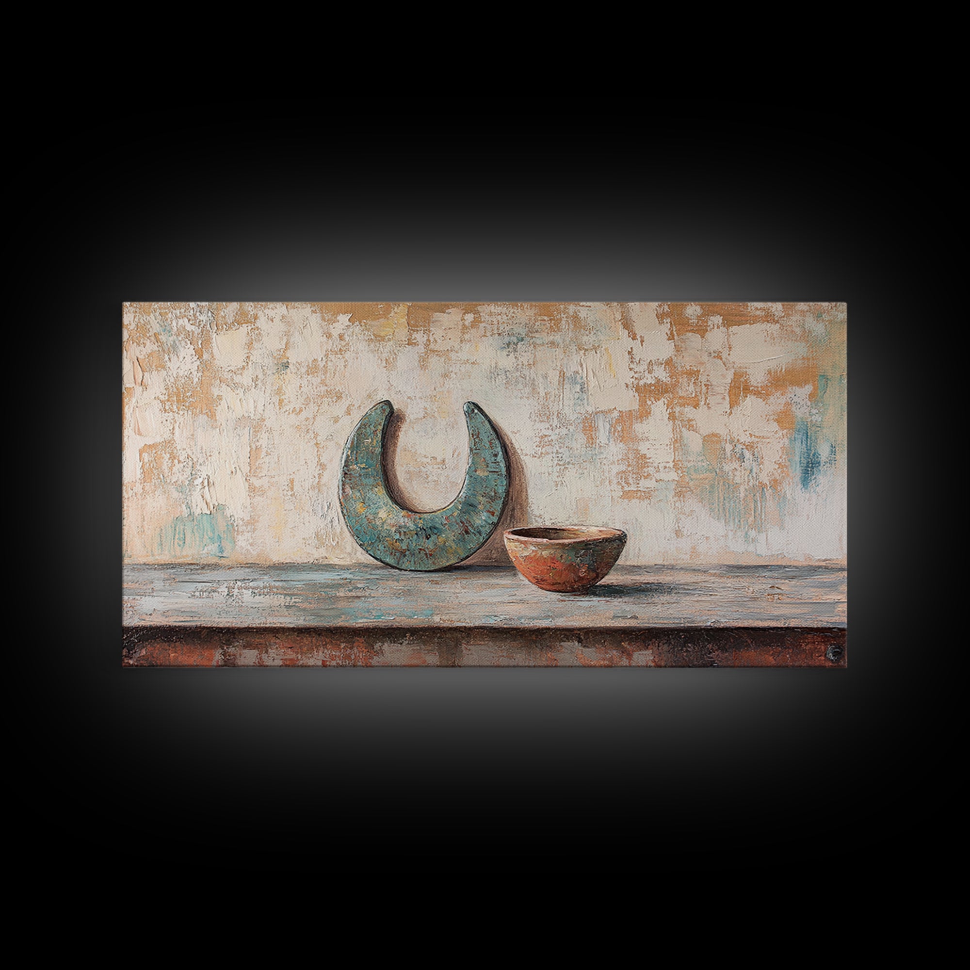 Turquoise Crescent Moon And Rustic Bowl Wall Art, Wabi Sabi Decor, Southwestern Still Life, Neutral Framed Canvas Print, Home Decor