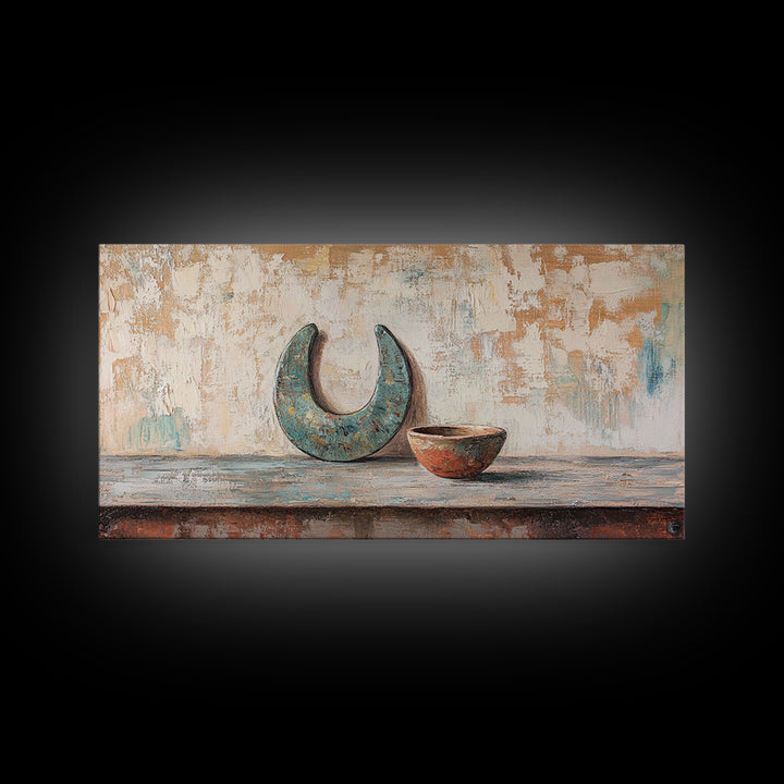 Turquoise Crescent Moon And Rustic Bowl Wall Art, Wabi Sabi Decor, Southwestern Still Life, Neutral Framed Canvas Print, Home Decor