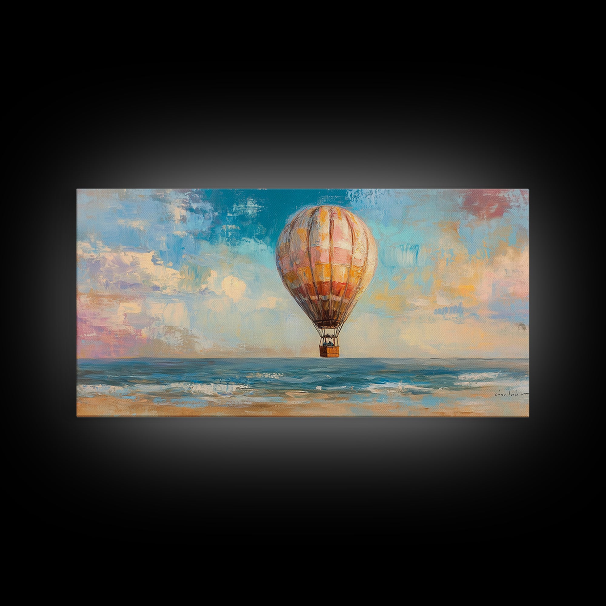 Hot Air Balloon Drifting Over Ocean Canvas Print, Coastal Wall Art, Travel Poster Style, Colorful Beach House Living Room Decor