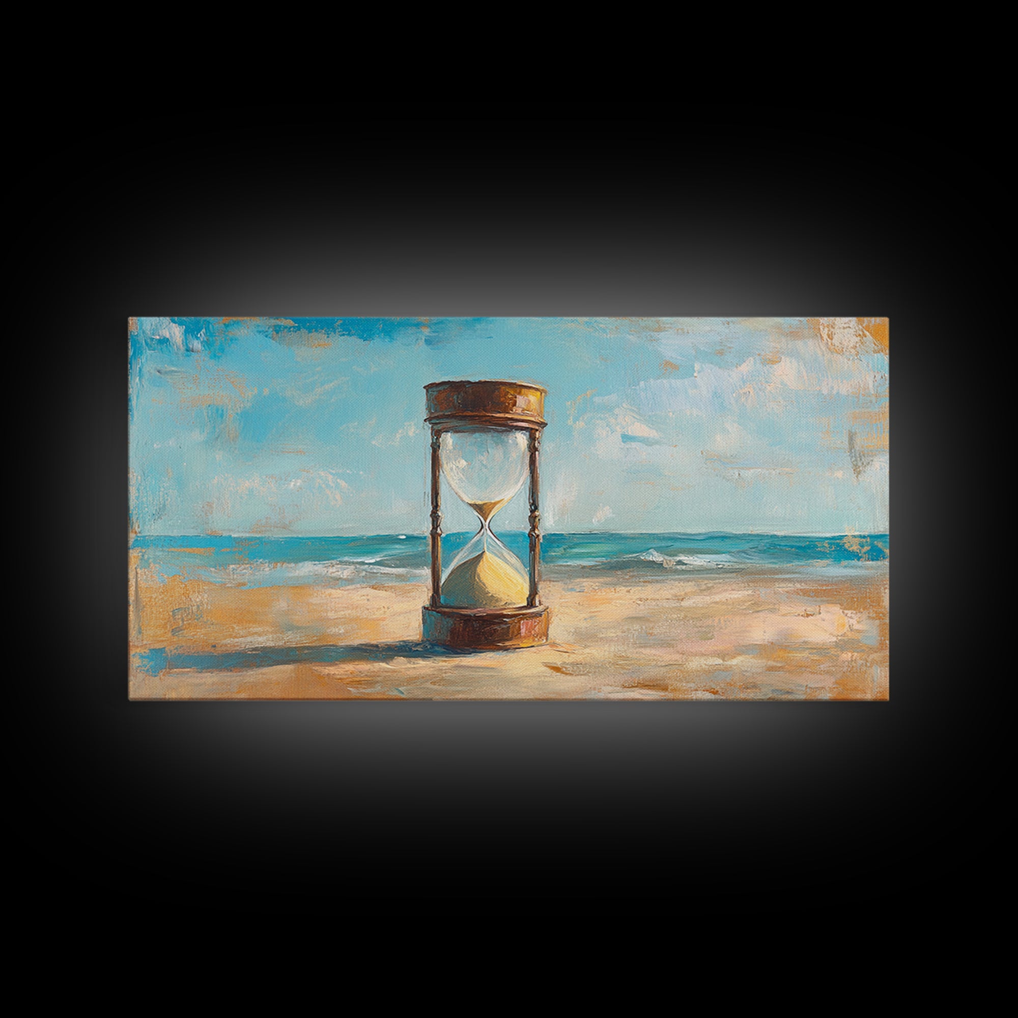 Hourglass In Sand By Turquoise Sea Canvas Print, Coastal Wall Art, Beach House Decor, Ocean Landscape, Summer Home Decor