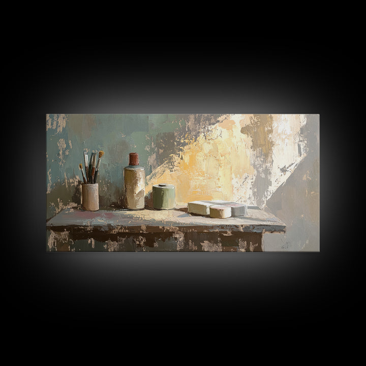 Artist Brushes And Paint Tubes On Sunlit Table Wall Art, Creative Studio Decor, Modern Rustic Still Life Canvas Print, Home Decor