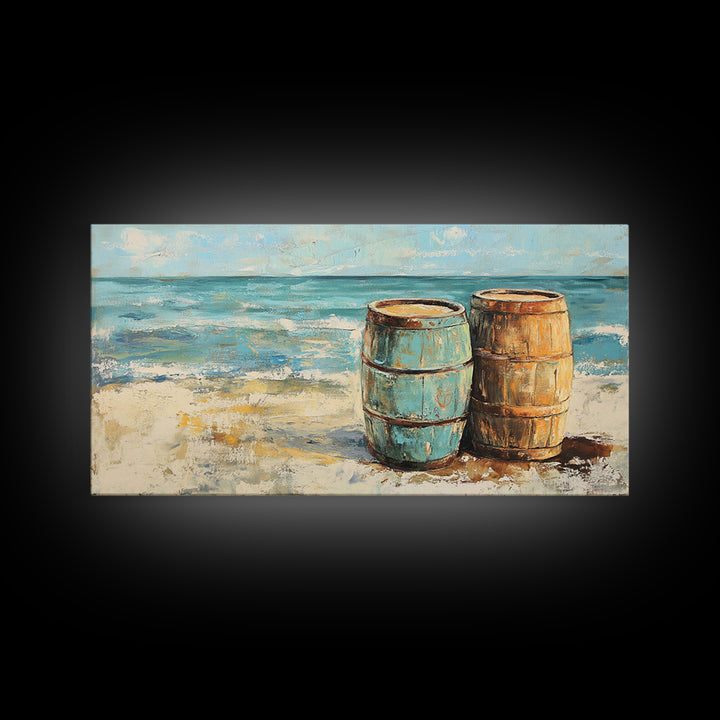Weathered Barrels On Sandy Beach Wall Art, Coastal Canvas Print, Nautical Beach House Decor, Seascape Ocean Living Room Art