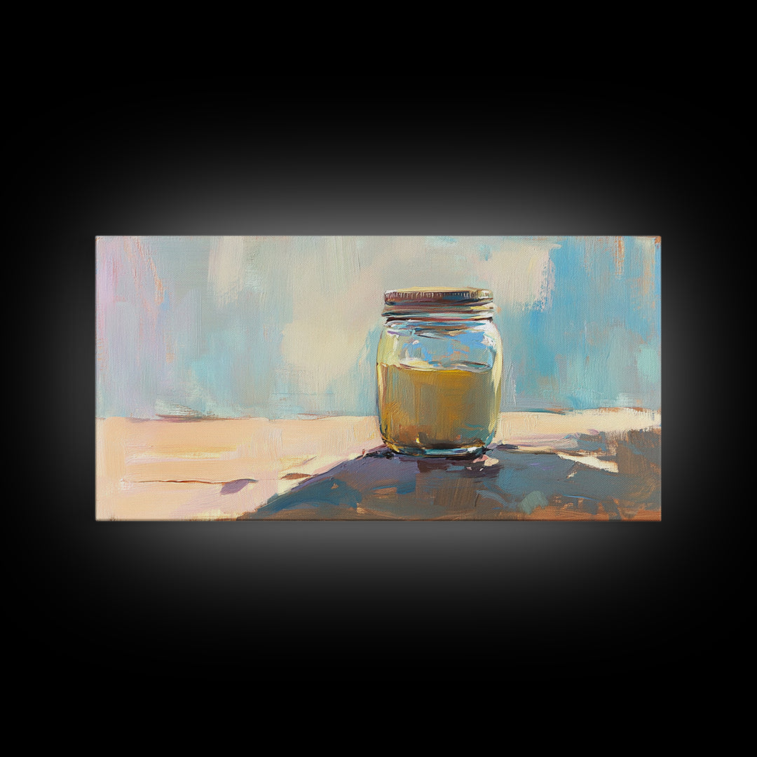 Sunlit Mason Jar Still Life Wall Art, Soft Blue Canvas Print For Kitchen Decor, Rustic Home Decor And Housewarming Gift Idea