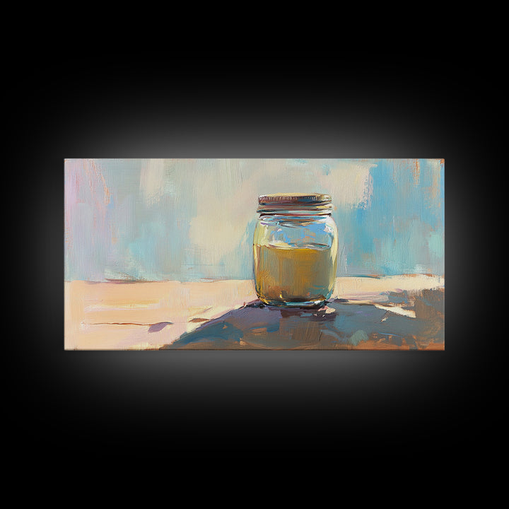 Sunlit Mason Jar Still Life Wall Art, Soft Blue Canvas Print For Kitchen Decor, Rustic Home Decor And Housewarming Gift Idea