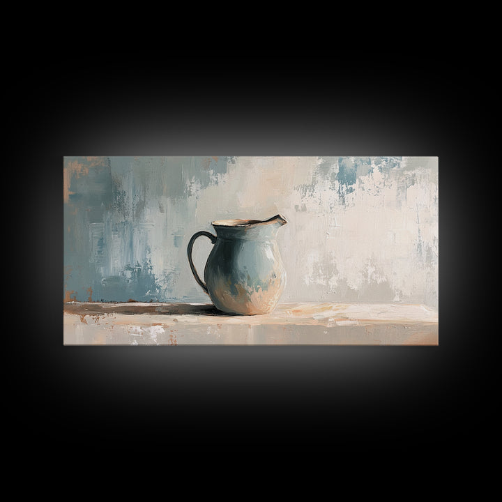Blue Ceramic Pitcher Minimalist Still Life Wall Art, Neutral Canvas Print For Kitchen Decor, Farmhouse Decor And Office Decor