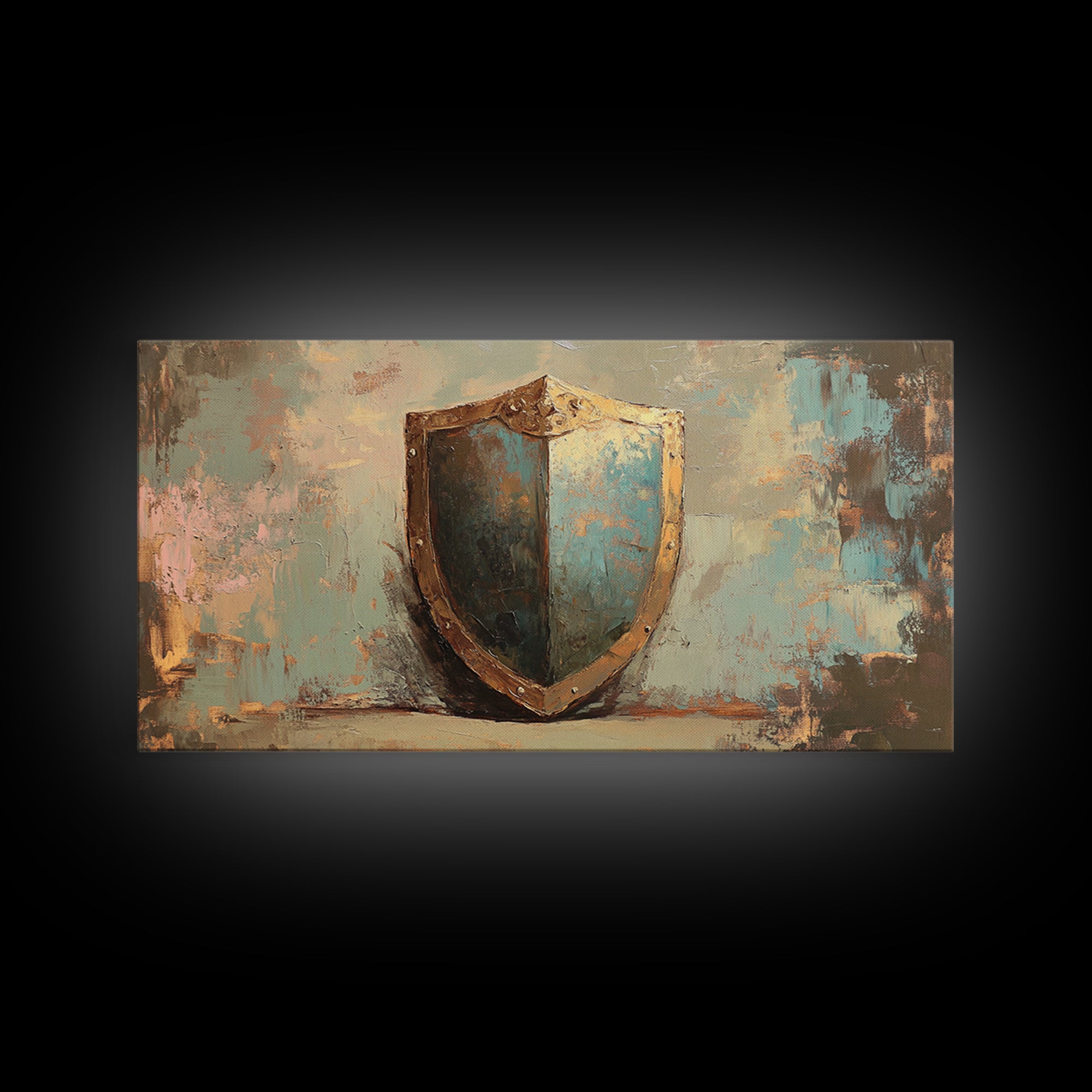 Antique Blue Shield Framed Canvas Print, Medieval Wall Art, Fantasy Decor, Rustic Office Decor, Man Cave Gift For Him, Home Decor
