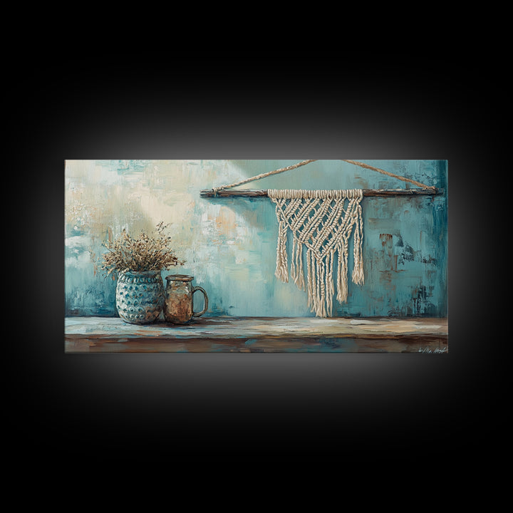 Macrame Hanging And Dried Flowers Framed Canvas Print, Boho Wall Art, Rustic Home Decor, Neutral Living Room Decor, Housewarming Gift