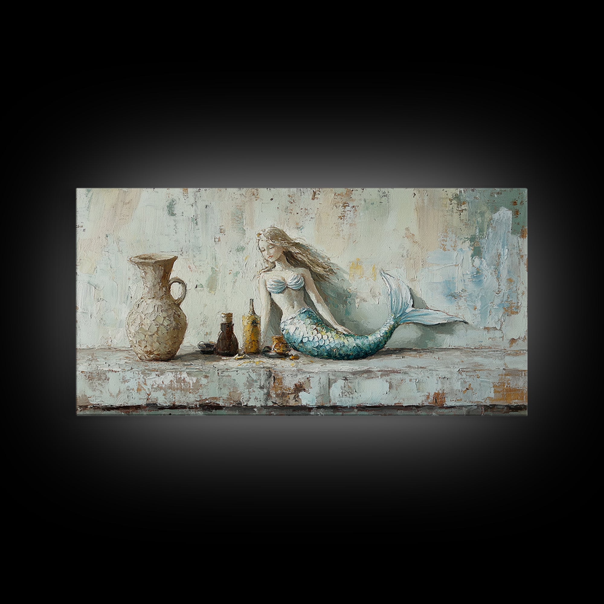 Rustic Mermaid Shelf Still Life Canvas Print, Coastal Wall Art, Beach House Decor, Nautical Bathroom Decor, Gift For Her