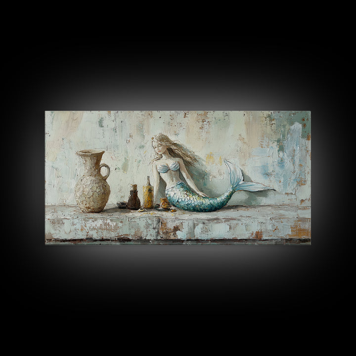 Rustic Mermaid Shelf Still Life Canvas Print, Coastal Wall Art, Beach House Decor, Nautical Bathroom Decor, Gift For Her