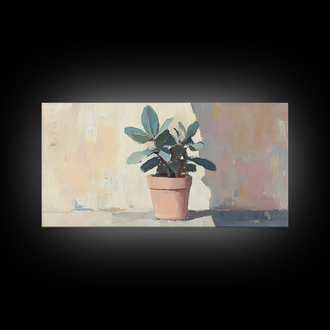 Potted Plant In Pink Pot Framed Canvas Print, Botanical Wall Art, Sage Green Decor, Modern Farmhouse Home Decor Gift Idea