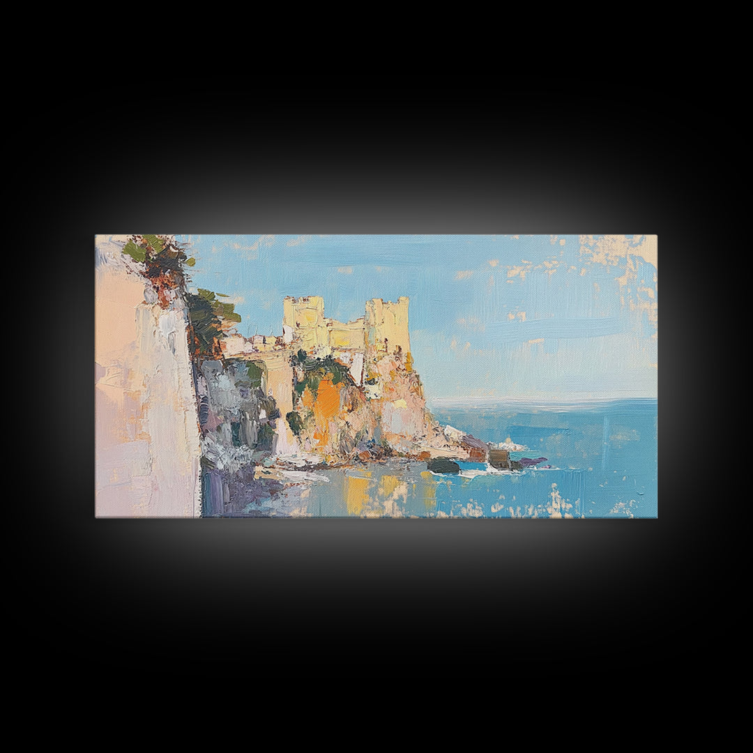 Sunlit Coastal Castle By Blue Sea Canvas Print, Mediterranean Wall Art, Italy Coast Decor, Seascape Painting, Travel Gift
