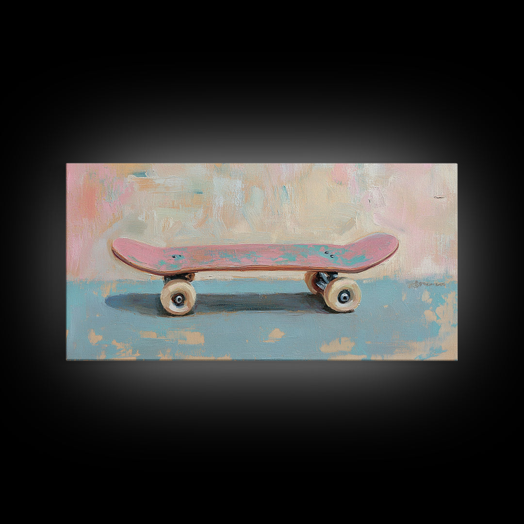 Pink Skateboard On Blue Wall Framed Canvas Print, Retro Wall Art, Teen Room Decor, Preppy Wall Art, Dopamine Decor Gift Idea