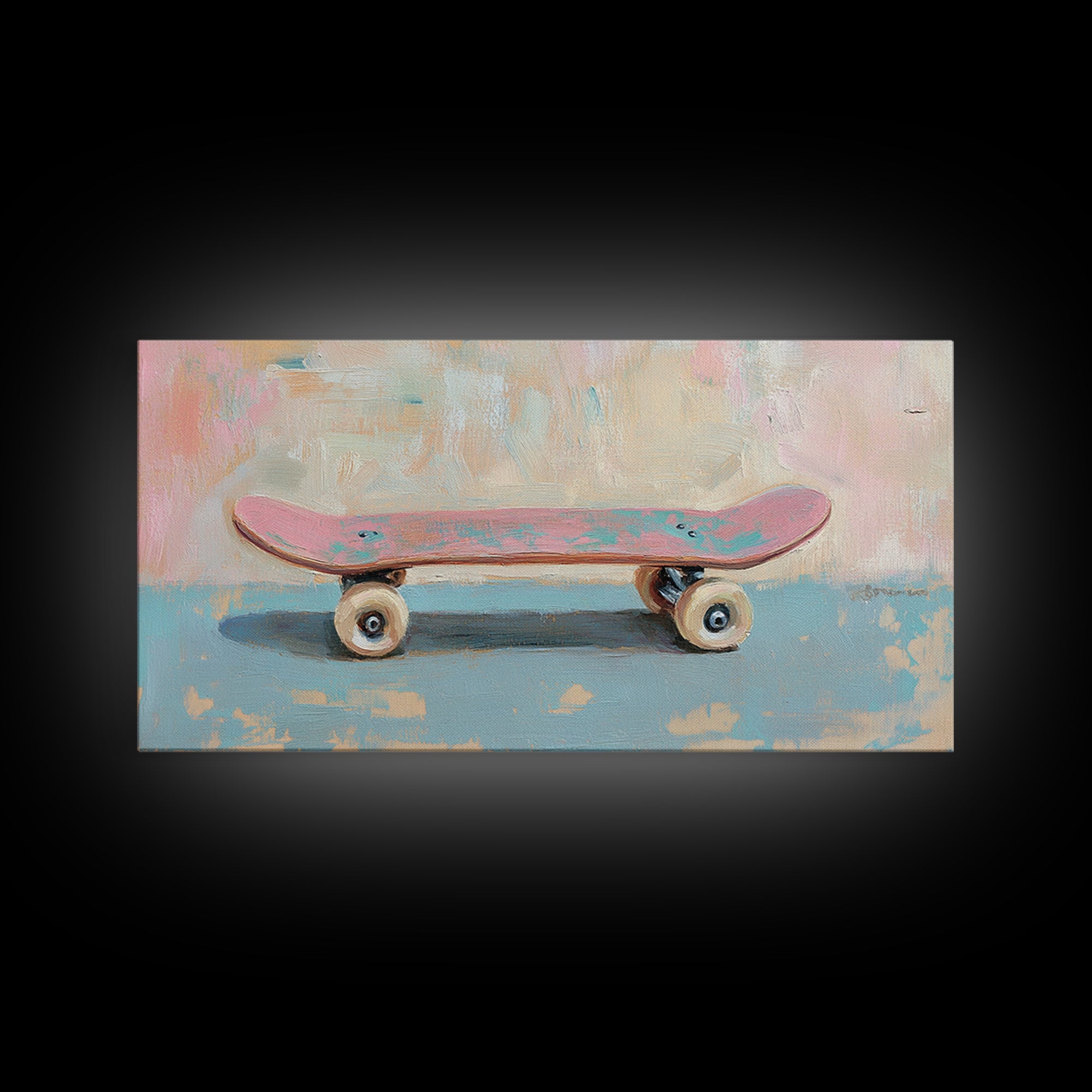 Pink Skateboard On Blue Wall Framed Canvas Print, Retro Wall Art, Teen Room Decor, Preppy Wall Art, Dopamine Decor Gift Idea
