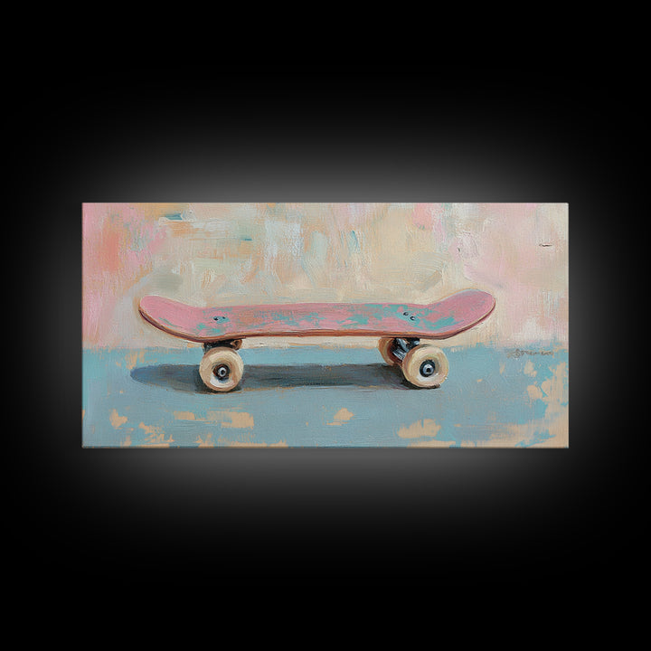 Pink Skateboard On Blue Wall Framed Canvas Print, Retro Wall Art, Teen Room Decor, Preppy Wall Art, Dopamine Decor Gift Idea