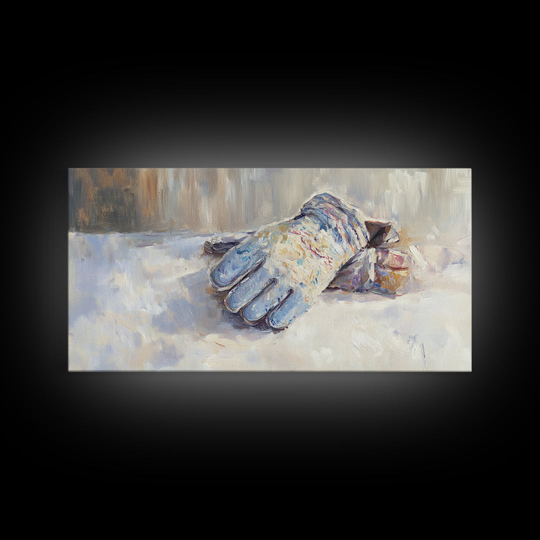 Snowy Blue Winter Glove Oil Painting Wall Art, Rustic Cabin Decor, Neutral Home Decor, Cozy Bedroom Art, Housewarming Gift