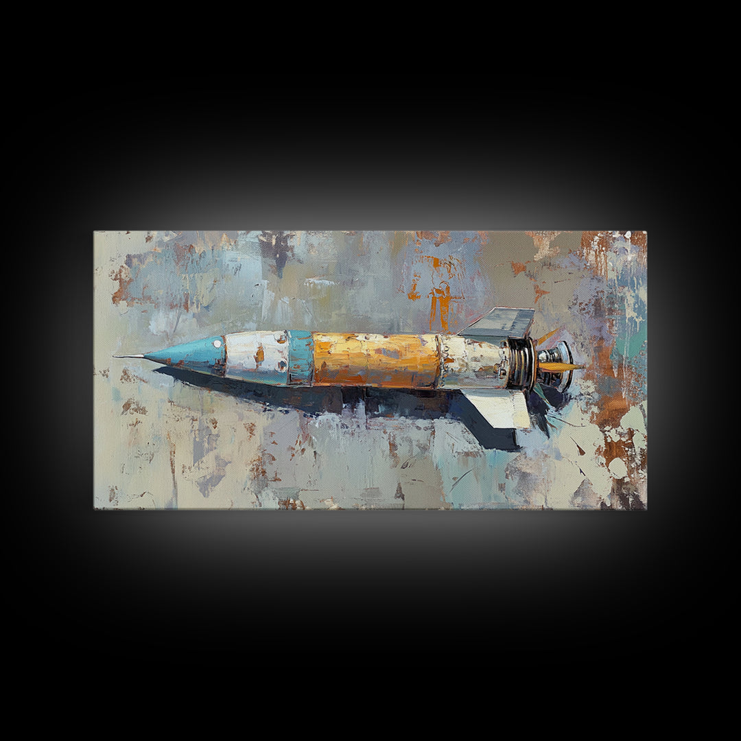 Retro Rocket Ship Oil Painting Wall Art, Space Lover Gift, Sci Fi Wall Decor, Industrial Art Print, Futuristic Home Decor