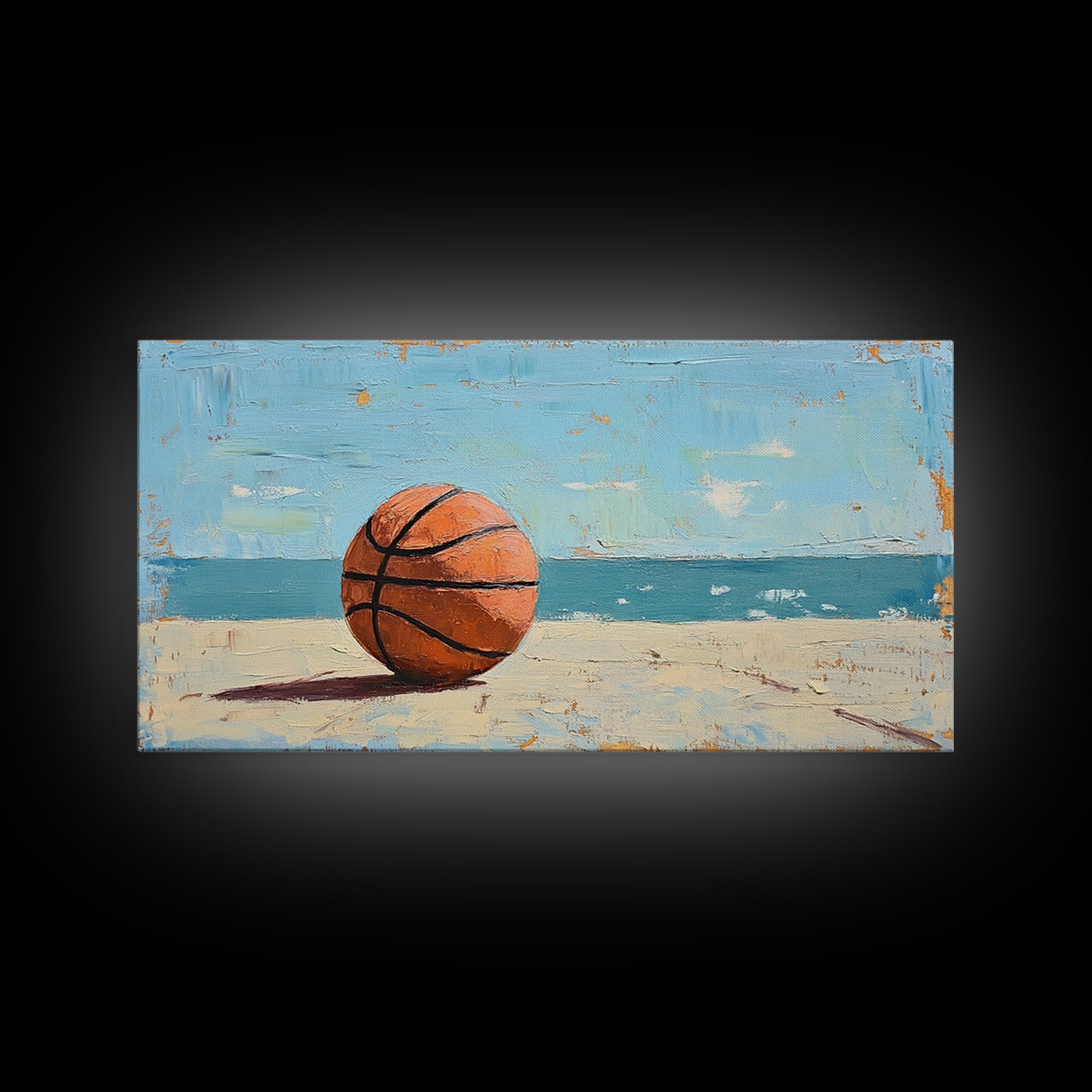 Basketball On Sandy Beach Canvas Print, Coastal Wall Art, Boys Room Decor, Sports Poster, Ocean Wall Decor, Gift For Him