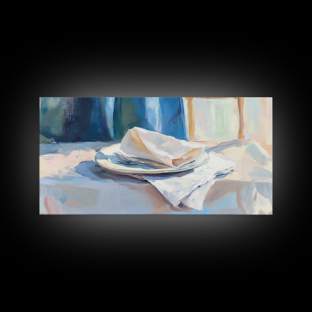 Blue Linen Plate Still Life Wall Art, Dining Room Print, Kitchen Decor, Modern Farmhouse Canvas, Neutral Home Decor, Housewarming Gift