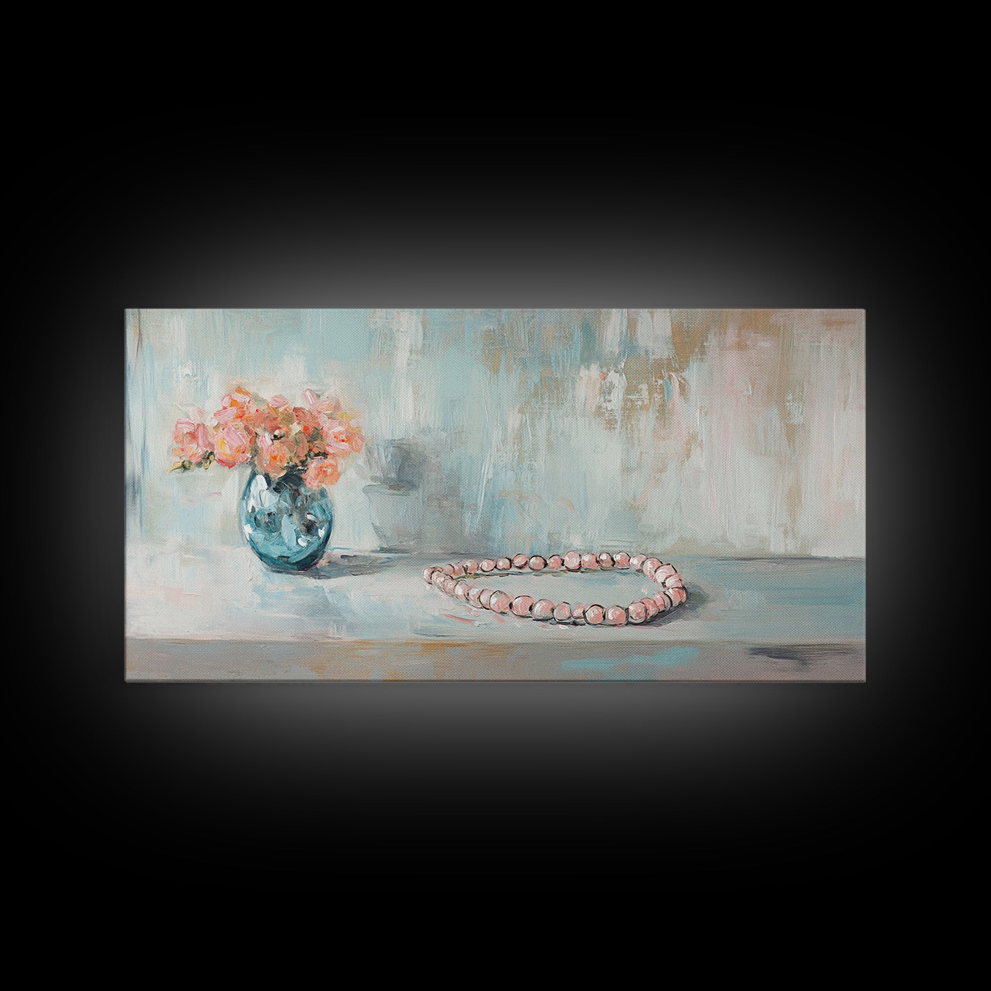 Pink Flowers And Pearl Necklace Framed Canvas Print, Feminine Wall Art, Romantic Bedroom Decor, Gift For Her, Soft Pastel Art