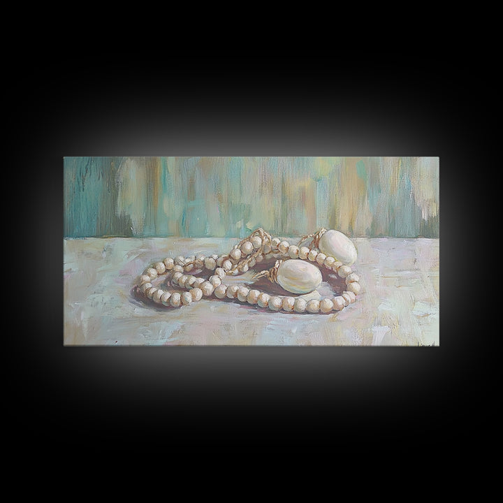 White Pearl Necklace Still Life Wall Art, Feminine Coastal Decor, Elegant Bathroom Art, Romantic Bedroom Canvas Print, Gift For Her