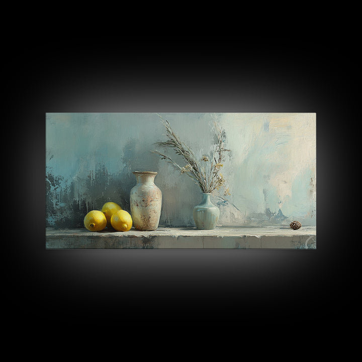 Lemons And Ceramic Vases Canvas Print, Rustic Kitchen Wall Art, French Country Decor, Neutral Still Life, Farmhouse Home Decor