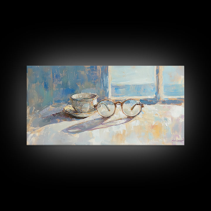 Eyeglasses And Teacup By Window Wall Art, Reading Nook Decor, Book Lover Gift, Cozy Office Canvas Print, Light Academia Decor