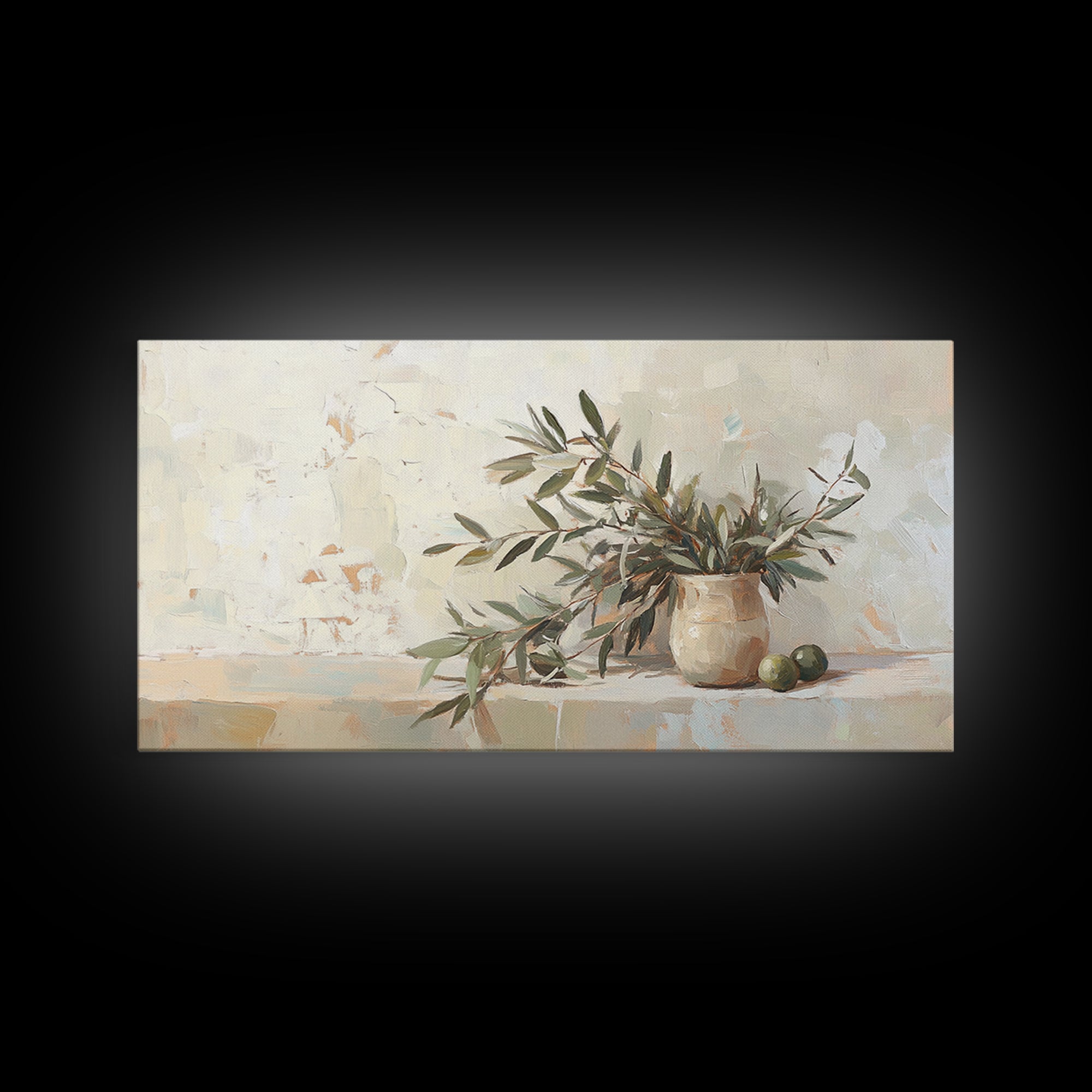 Olive Branches In Ceramic Vase Framed Canvas Print, Neutral Kitchen Decor, Botanical Wall Art, Mediterranean Home Decor Gift