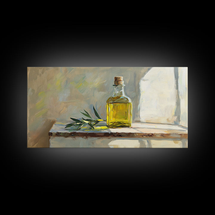 Sunlit Olive Oil Bottle On Rustic Shelf Canvas Print, Mediterranean Kitchen Wall Art, Still Life Painting, Fine Art Print
