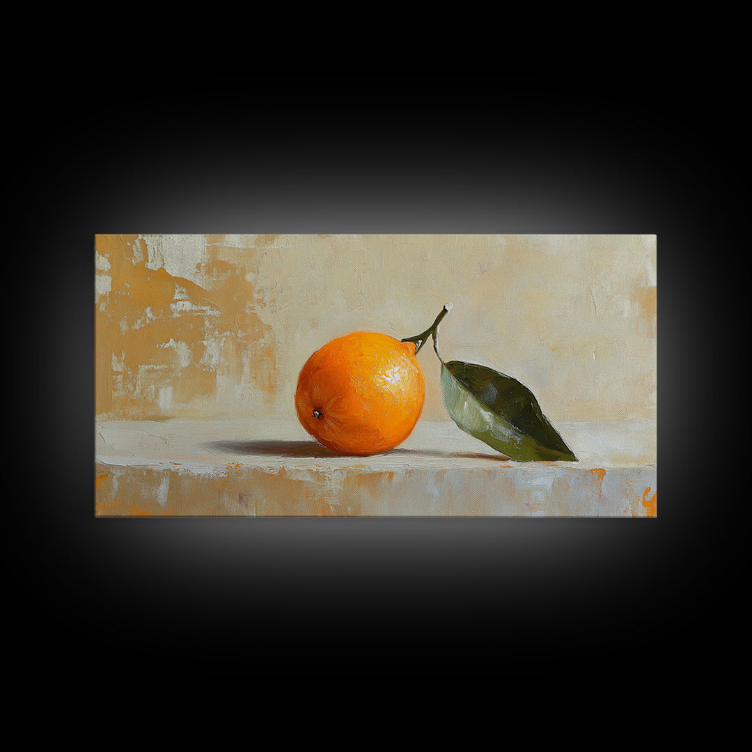 Single Orange With Glossy Green Leaf Canvas Print, Minimalist Kitchen Wall Art, Fruit Still Life, Modern Home Decor Gift