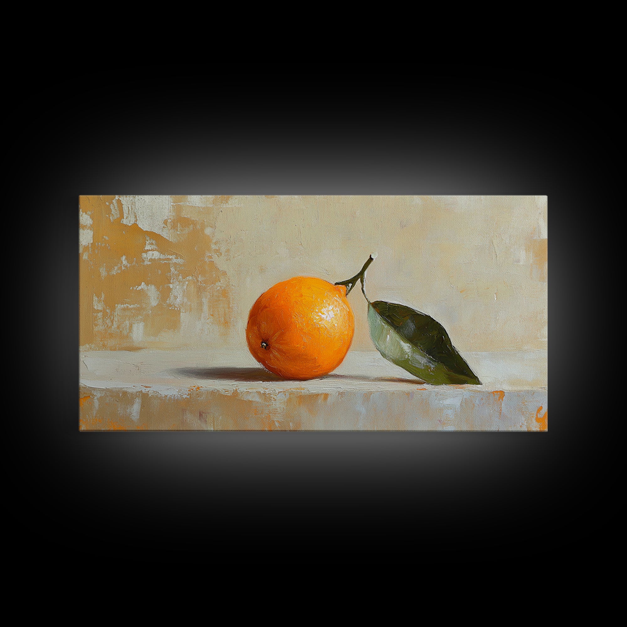 Single Orange With Glossy Green Leaf Canvas Print, Minimalist Kitchen Wall Art, Fruit Still Life, Modern Home Decor Gift