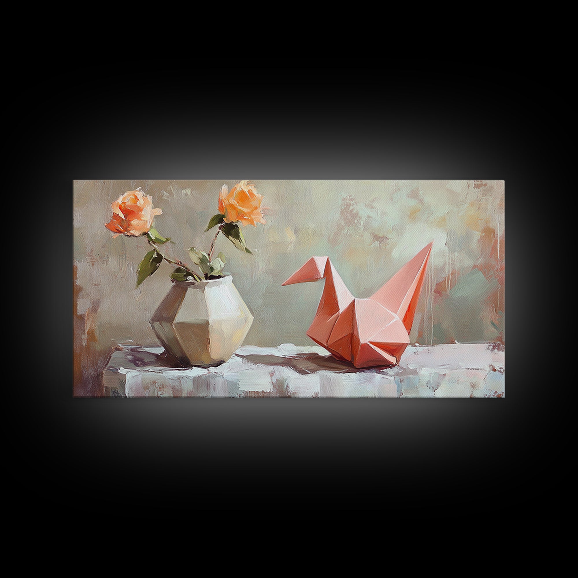 Pink Origami Fox With Peach Roses Wall Art, Whimsical Still Life Canvas Print, Girly Room Decor, Unique Gift For Her, Cute Prints