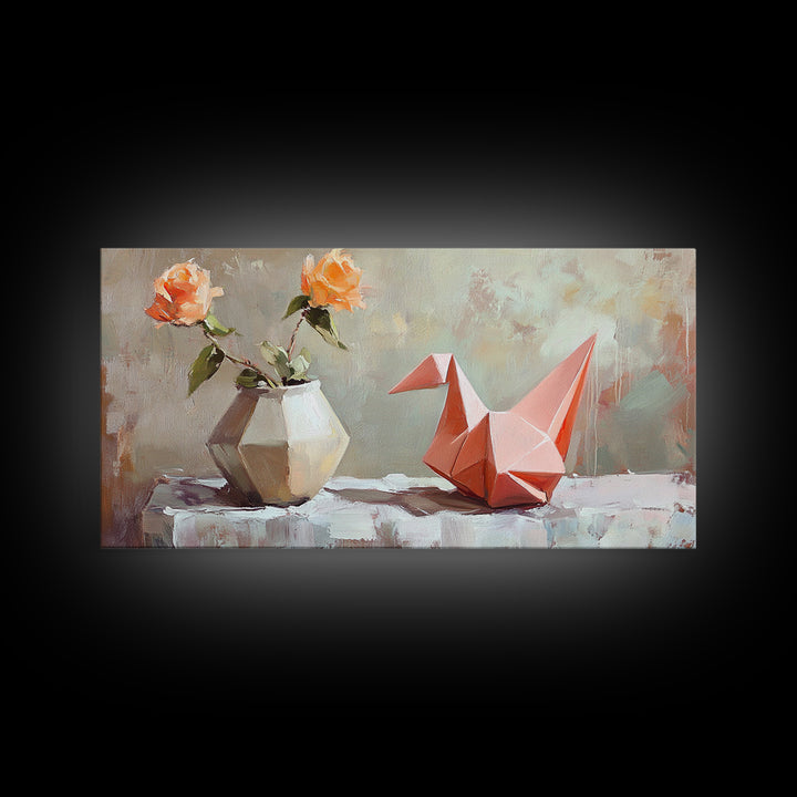 Pink Origami Fox With Peach Roses Wall Art, Whimsical Still Life Canvas Print, Girly Room Decor, Unique Gift For Her, Cute Prints