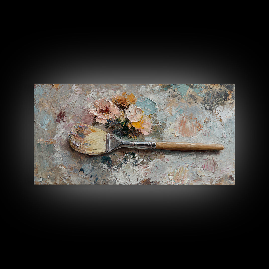 Palette Knife Paintbrush With Soft Roses Wall Art, Artist Studio Decor, Floral Still Life Canvas Print, Gift For Art Lover