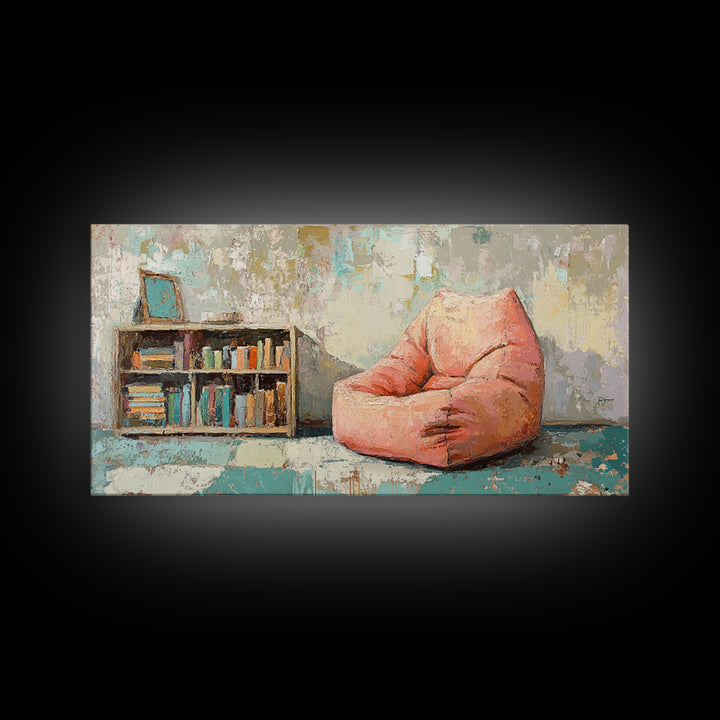 Cozy Pink Bean Bag Chair And Bookshelf Wall Art, Reading Nook Decor, Book Lover Art, Kids Room Canvas Print, Playroom Decor