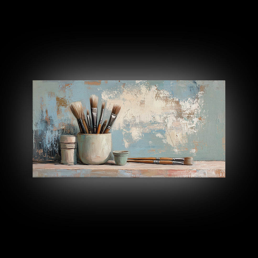 Artist Brushes In Ceramic Cup Canvas Print, Art Studio Wall Art, Creative Office Decor, Neutral Modern Home Decor Housewarming Gift