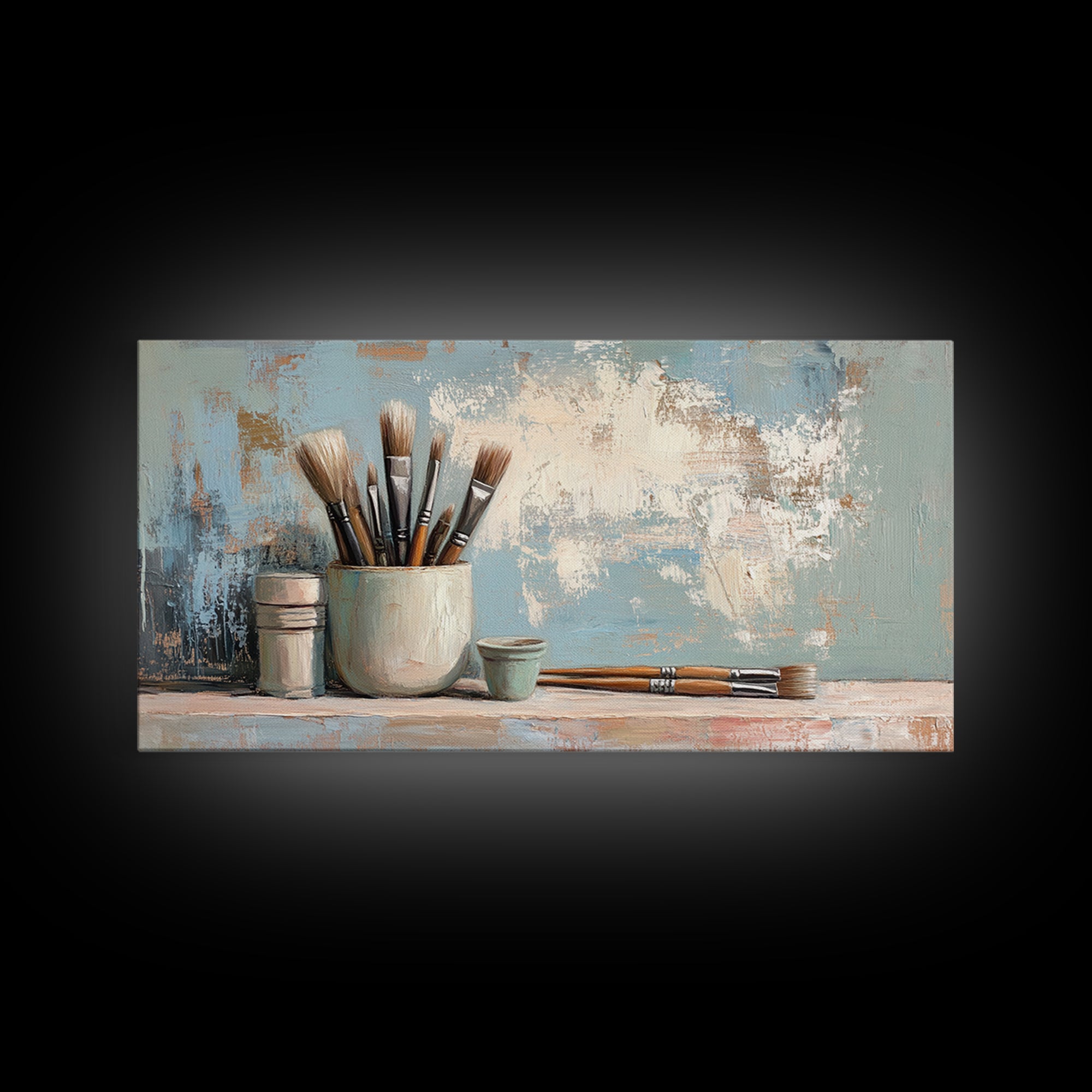 Artist Brushes In Ceramic Cup Canvas Print, Art Studio Wall Art, Creative Office Decor, Neutral Modern Home Decor Housewarming Gift