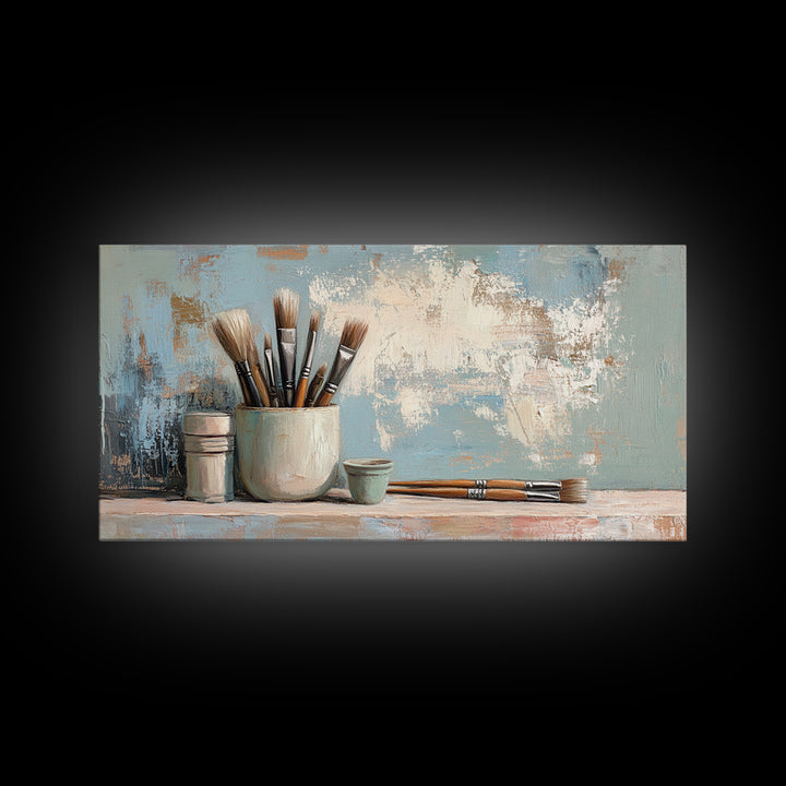 Artist Brushes In Ceramic Cup Canvas Print, Art Studio Wall Art, Creative Office Decor, Neutral Modern Home Decor Housewarming Gift
