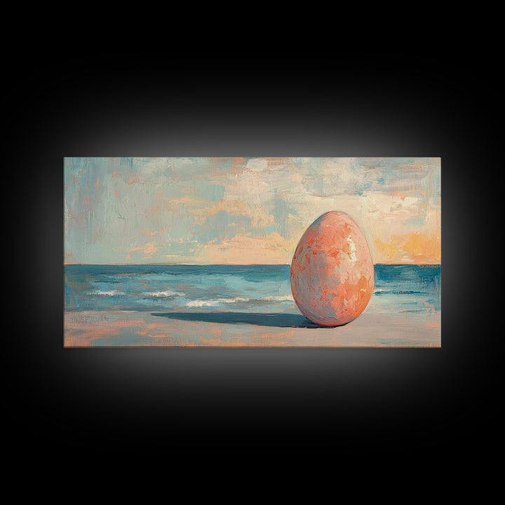 Surreal Pink Egg On Ocean Shore Canvas Print, Coastal Wall Art, Beach House Decor, Modern Seascape For Living Room, Statement Home Decor