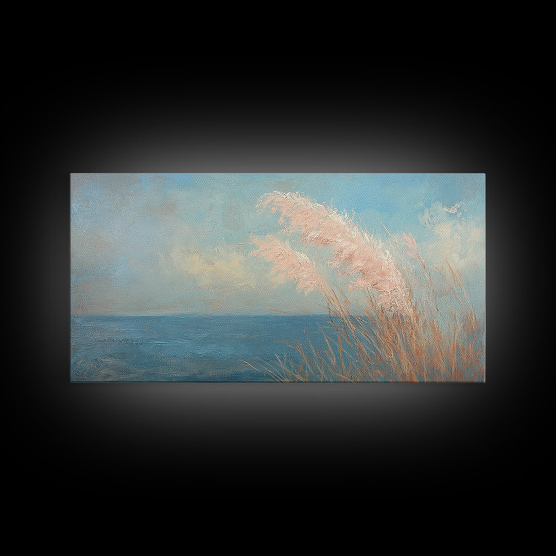 Soft Pampas Grass By Blue Sea Wall Art, Coastal Canvas Print, Minimalist Beach House Decor, Serene Nature Wall Decor, For Bedroom
