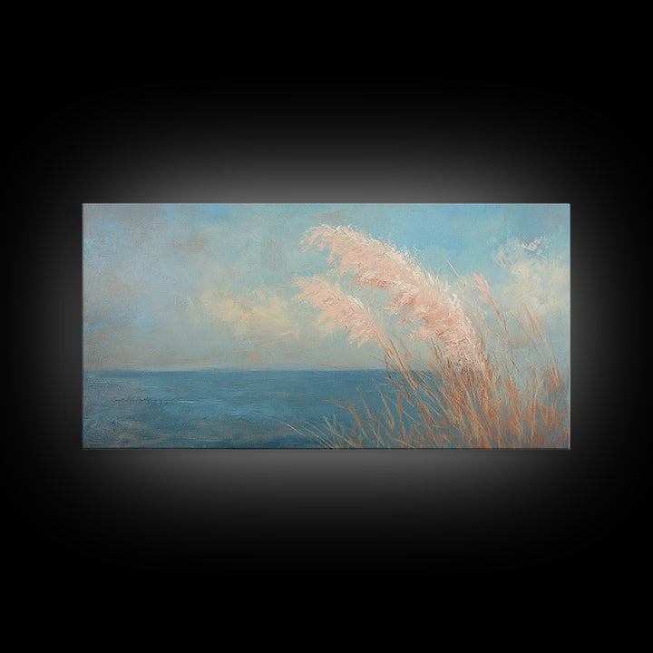 Soft Pampas Grass By Blue Sea Wall Art, Coastal Canvas Print, Minimalist Beach House Decor, Serene Nature Wall Decor, For Bedroom