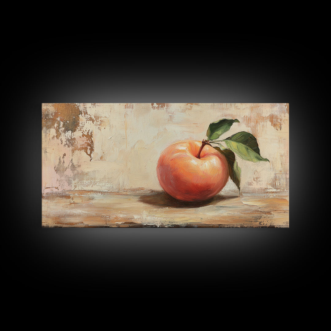 Rustic Red Apple With Green Leaves Canvas Print, Kitchen Wall Art, Farmhouse Still Life Decor, Fruit Painting Home Decor