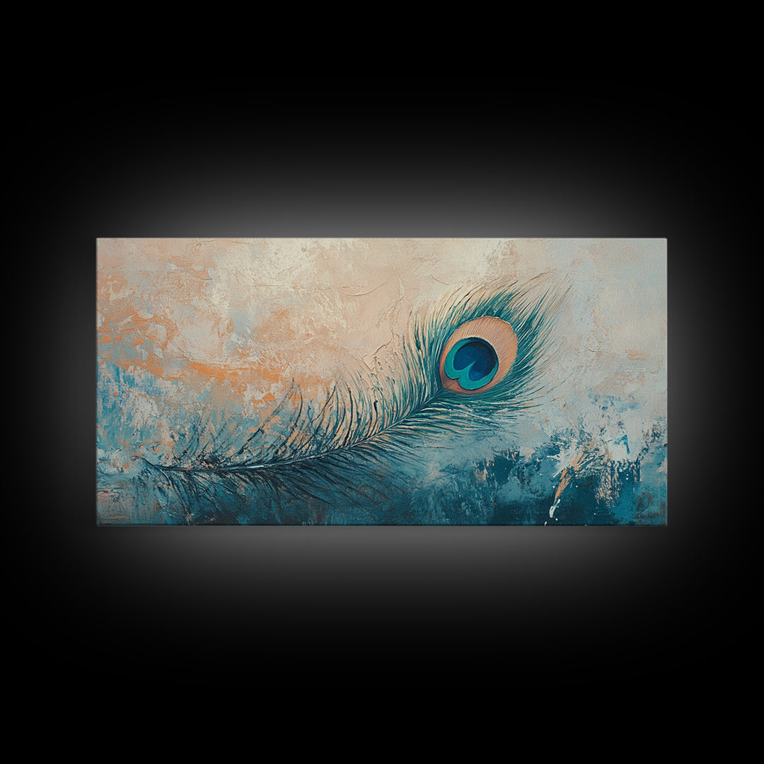 Teal Peacock Feather On Textured Beige Wall Art, Boho Canvas Print, Bird Lover Gift, Eclectic Coastal Home Decor, For Bedroom