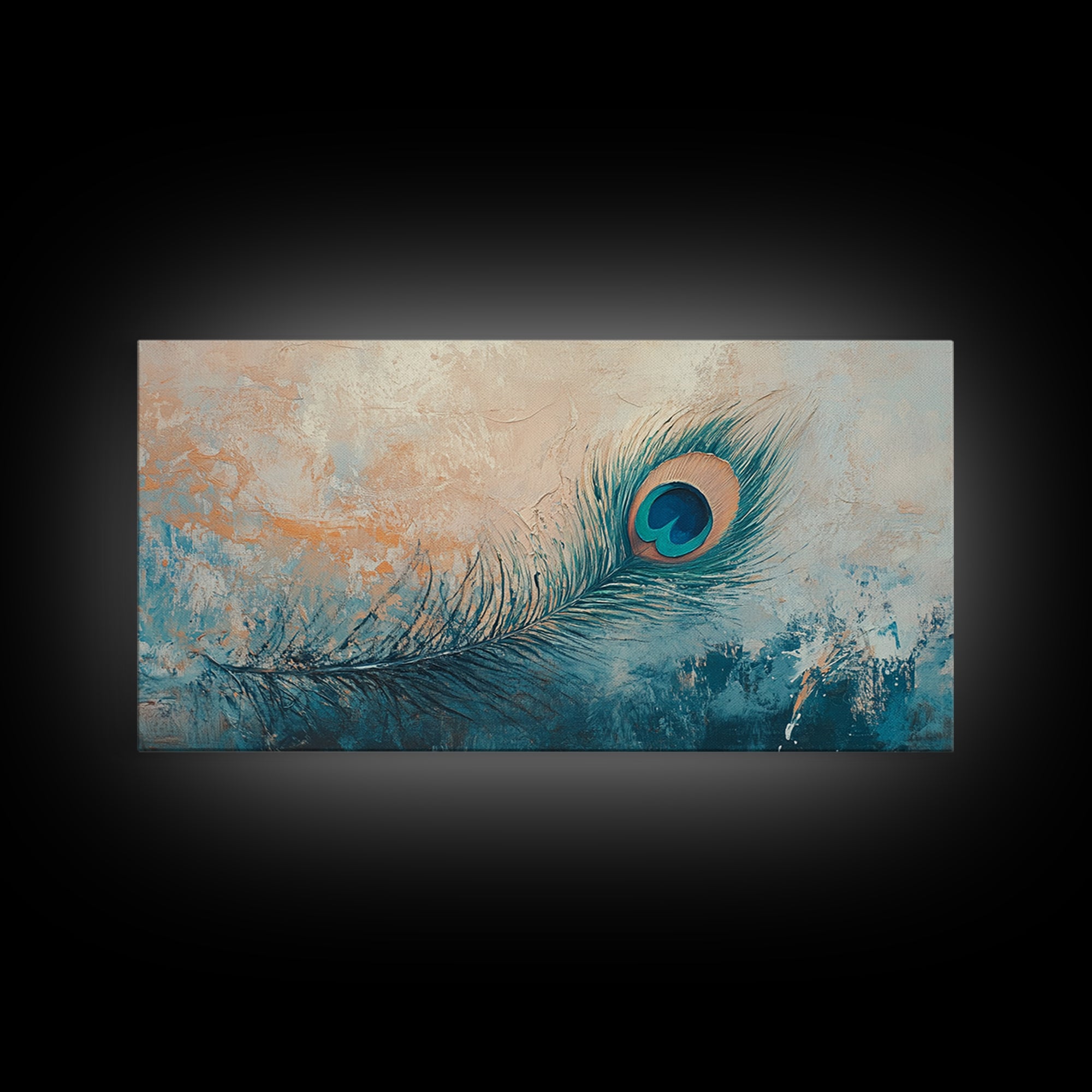 Teal Peacock Feather On Textured Beige Wall Art, Boho Canvas Print, Bird Lover Gift, Eclectic Coastal Home Decor, For Bedroom