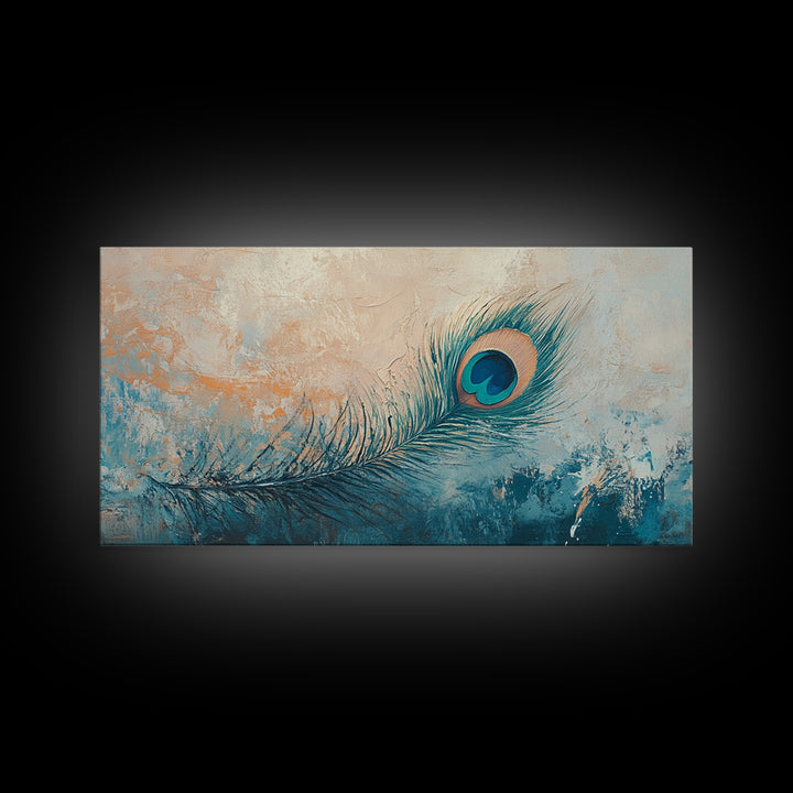 Teal Peacock Feather On Textured Beige Wall Art, Boho Canvas Print, Bird Lover Gift, Eclectic Coastal Home Decor, For Bedroom