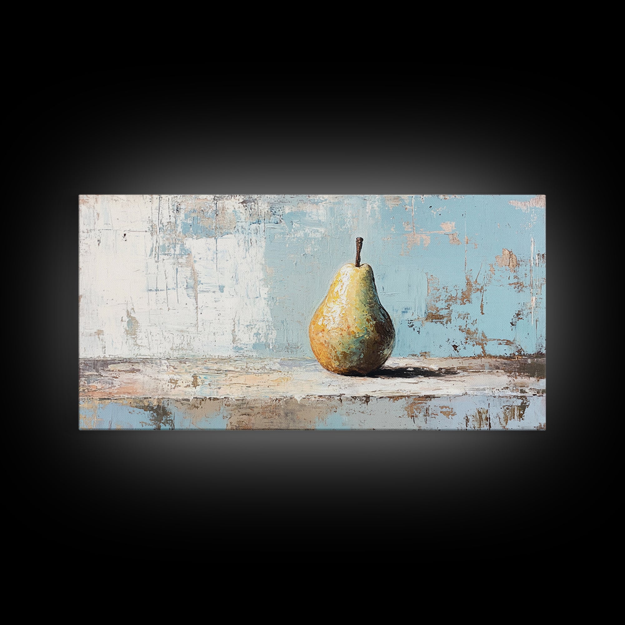 Golden Pear Still Life On Blue Rustic Canvas Print, Kitchen Wall Art, Farmhouse Fruit Decor, Neutral Home Decor, For Dining Room