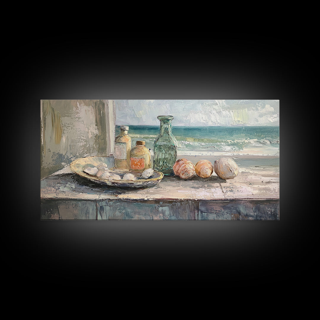 Seashells And Green Glass Bottle Canvas Print, Coastal Kitchen Wall Art, Beach House Decor, Nautical Still Life Fine Art Print
