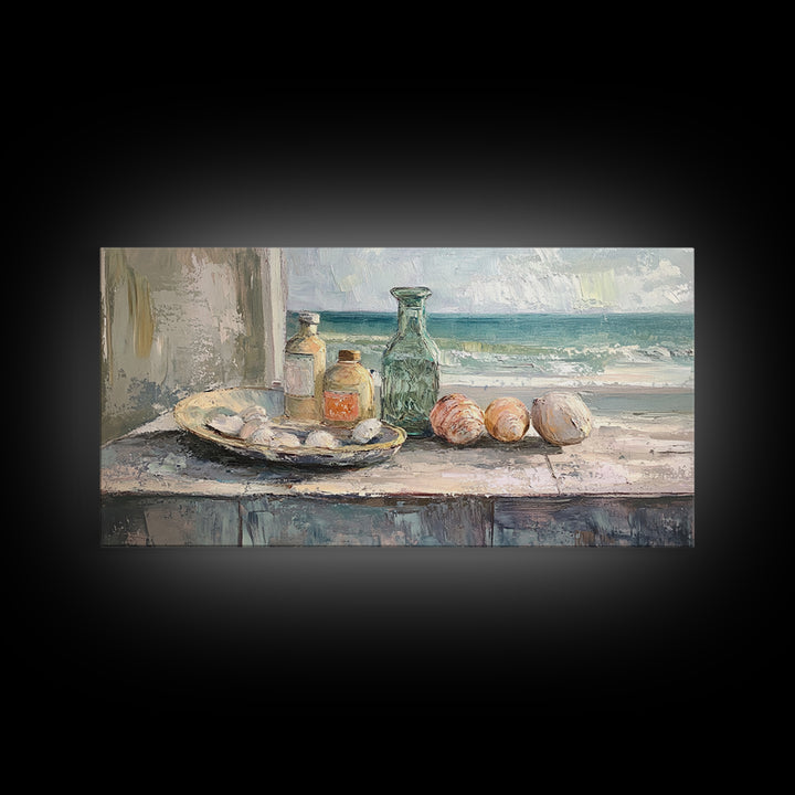 Seashells And Green Glass Bottle Canvas Print, Coastal Kitchen Wall Art, Beach House Decor, Nautical Still Life Fine Art Print