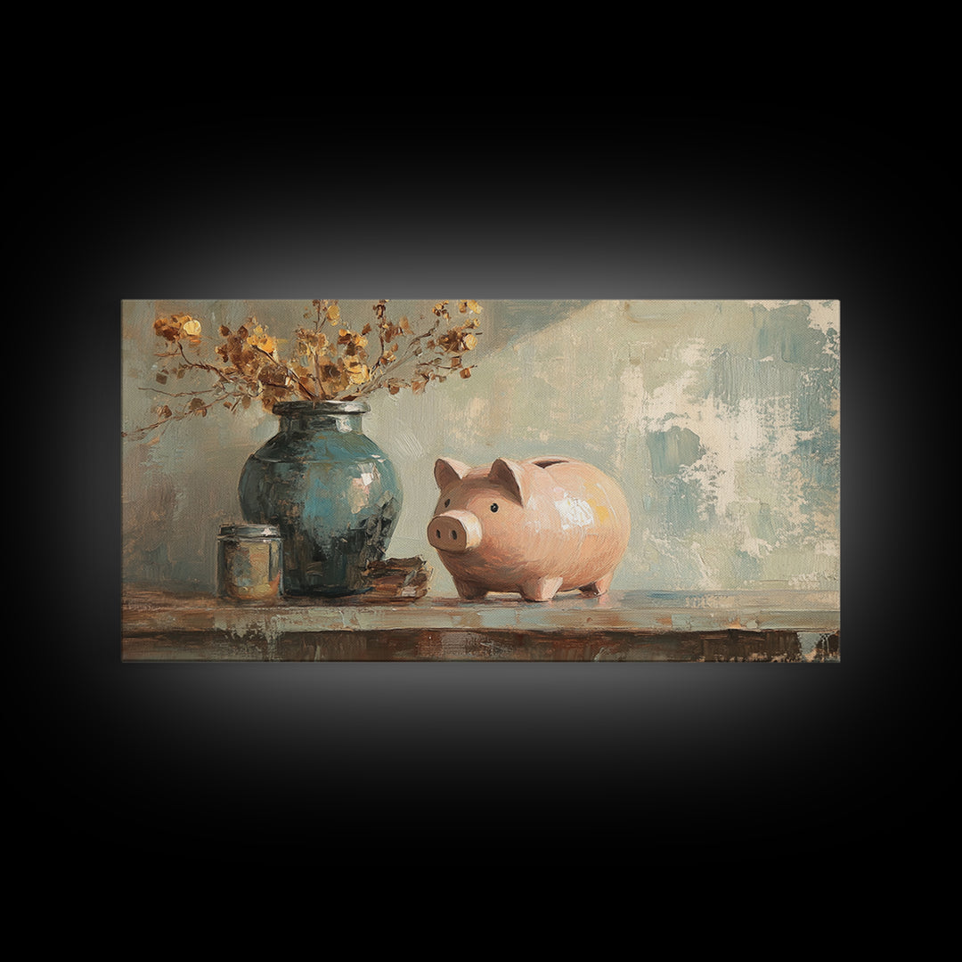 Pink Piggy Bank And Rustic Vase Wall Art, Whimsical Farmhouse Decor, Nursery Animal Canvas Print, Housewarming Gift, Gift For Her