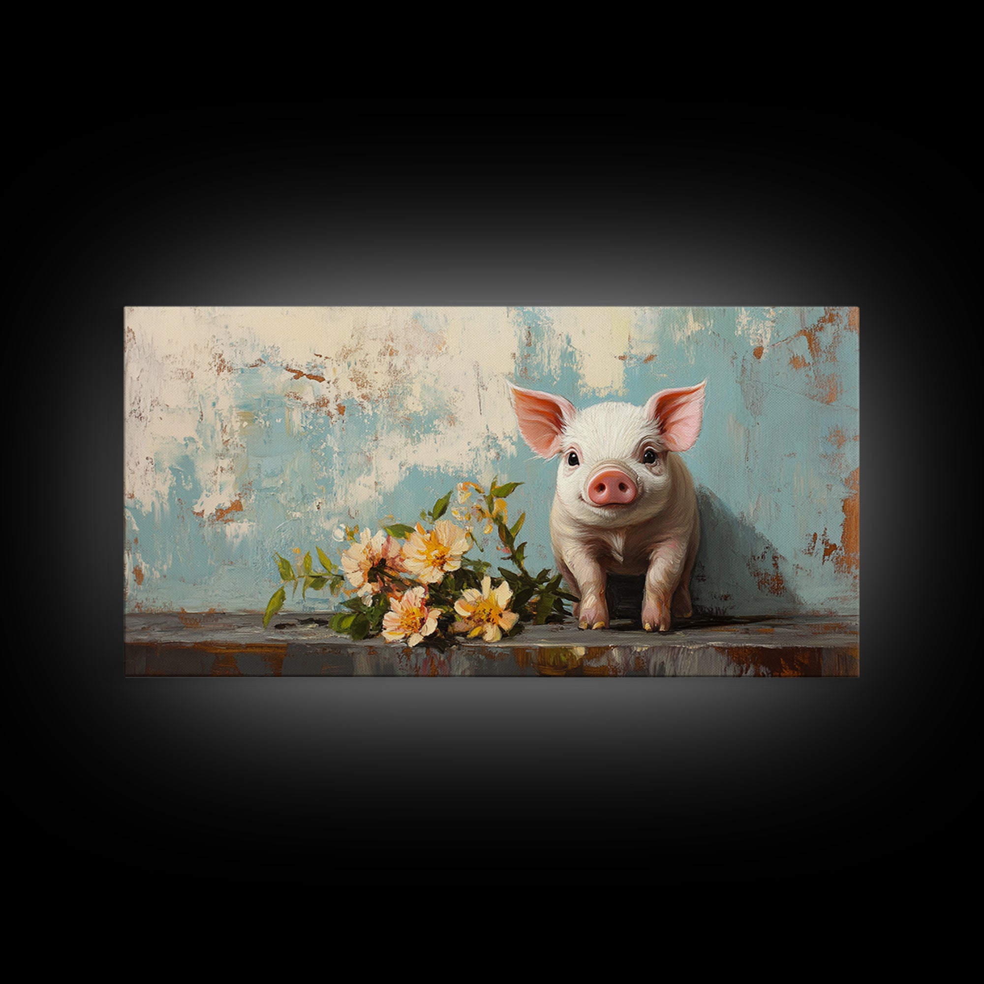 Cute Piglet With Spring Flowers Canvas Print, Farm Animal Wall Art, Whimsical Nursery Decor, Farmhouse Kitchen Wall Decor