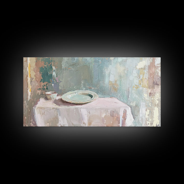 Pale Plate And Bowl Still Life Wall Art, Minimalist Kitchen Decor, Neutral Canvas Wall Art, Modern Dining Room Print, Home Decor